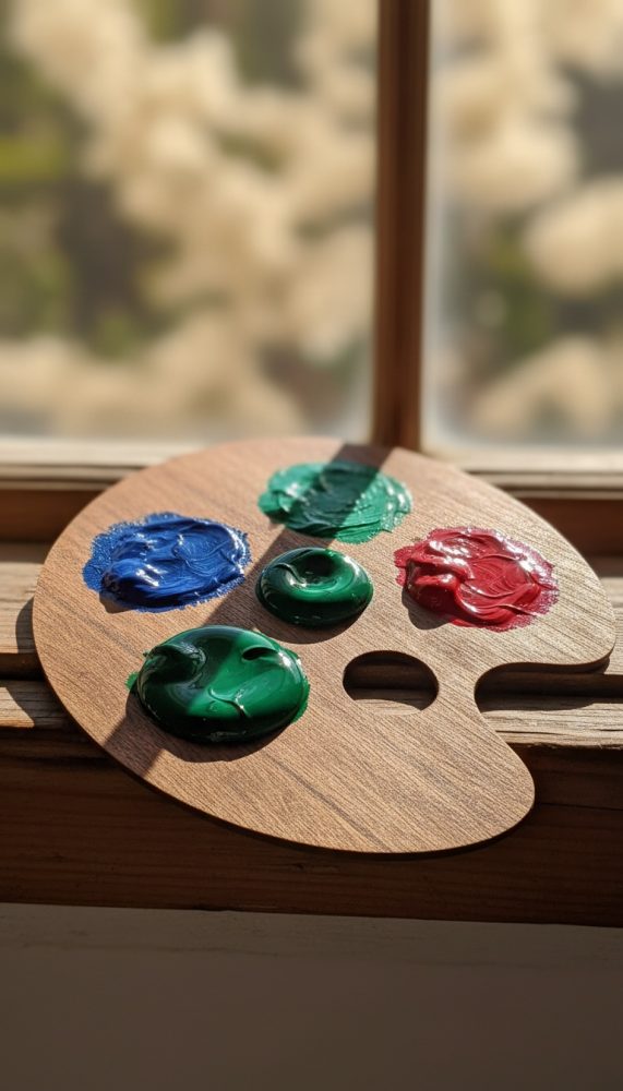Paleta de madeira com tintas azul, verde e vermelho junto a uma janela ensolarada