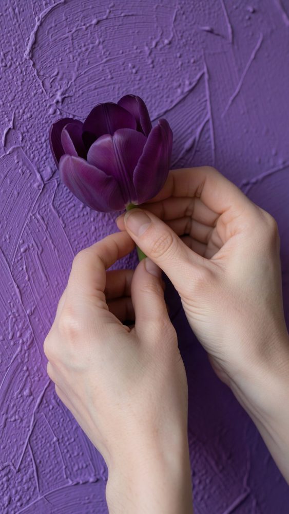 Duas mãos seguram uma tulipa roxa contra uma parede texturizada roxa