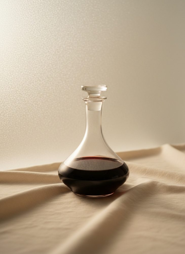 Decanter de vidro com vinho tinto sobre tecido bege claro iluminado suavemente