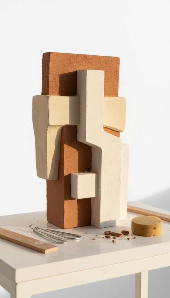 Escultura abstrata de blocos geométricos em tons de terracota e bege sobre mesa branca