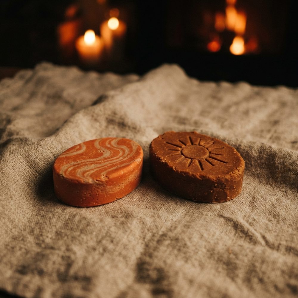 Dois sabonetes artesanais castanhos sobre pano de linho com velas acesas desfocadas ao fundo