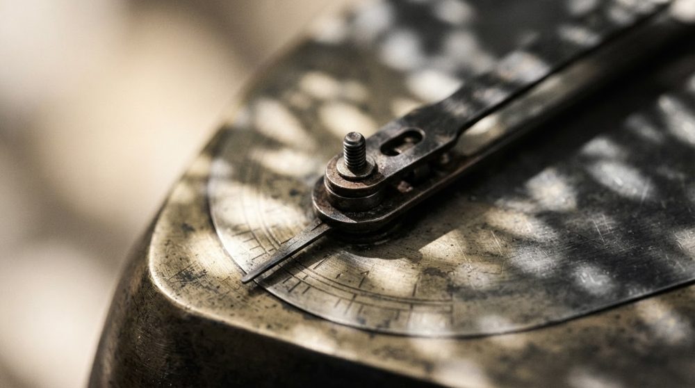 Detalhe de medidor metálico velho para afinação musical com parafuso e ponteiro em luz suave