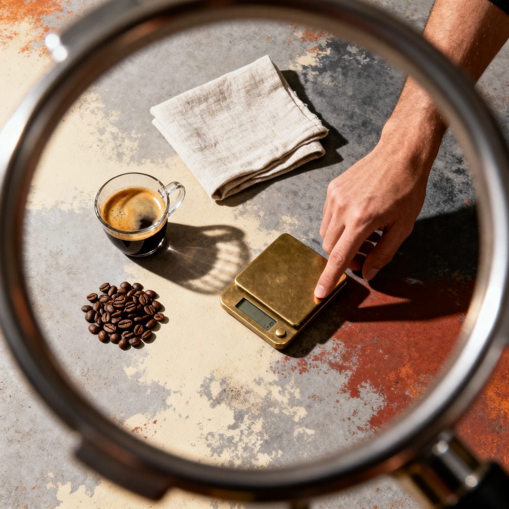 Dose de café expresso, grãos, balança dourada e mão numa mesa rústica vista por lupas