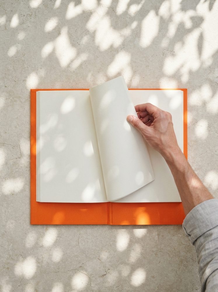 Livro aberto com capa laranja, páginas em branco e mão a virar uma página com sombras de folhas no fundo
