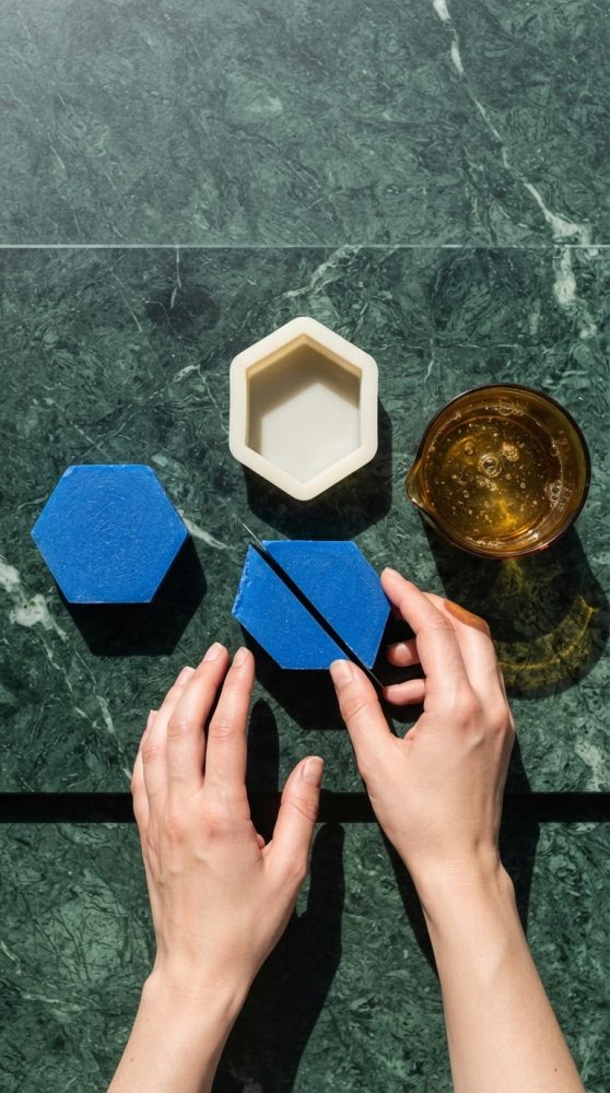 Mãos seguram sabonete azul hexagonal ao lado de molde branco e recipiente com mel num mármore verde.