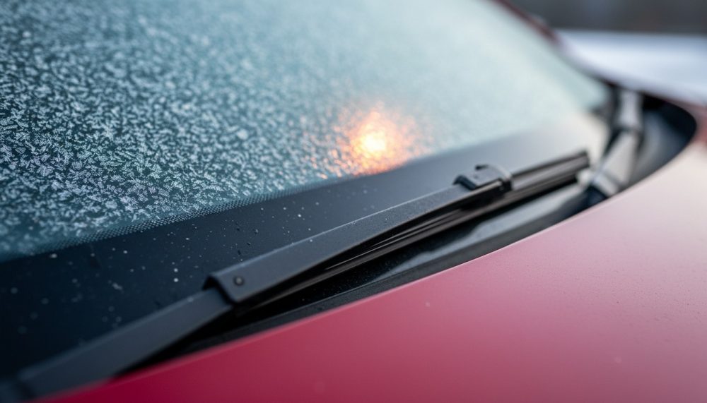 Pára-brisas de carro com gelo e limpa-vidros com luz matinal suave em capô vermelho