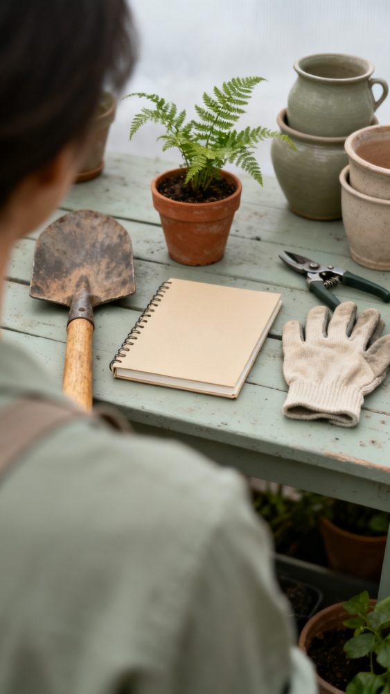 Pessoa vista de costas com mesa de jardinagem com ferramentas, luvas, caderno e planta em vaso