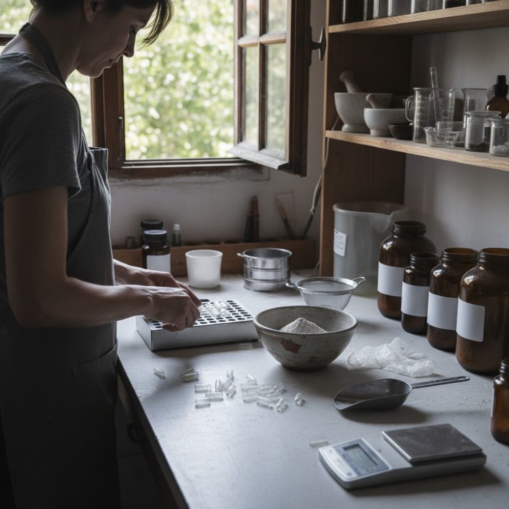 Pessoa a preparar cápsulas de suplementos num espaço com frascos, balança e luz natural