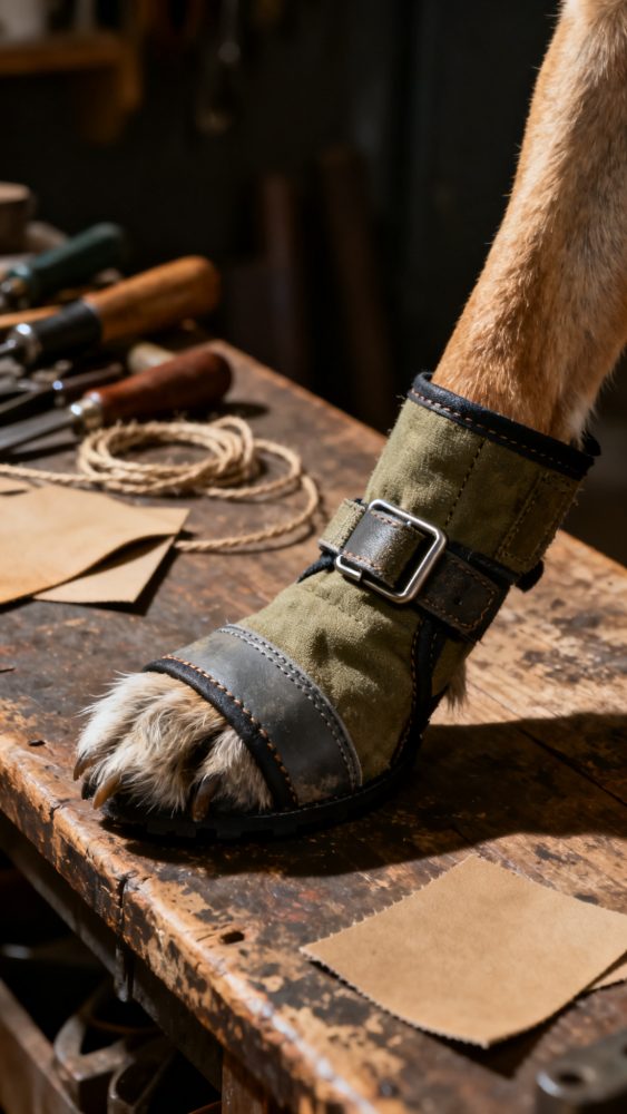 Patinha de cão com bota protetora verde e preta sobre mesa rústica de madeira com ferramentas