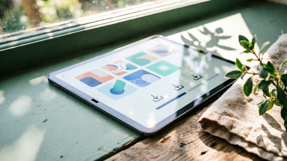 Tablet moderno com interface colorida repousado em madeira junto a janela com plantas e luz natural