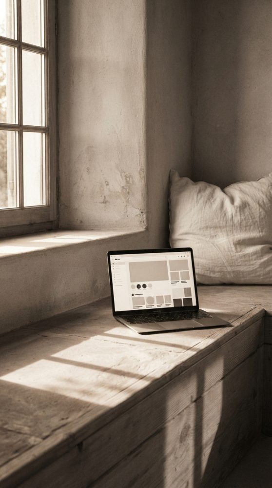 Laptop aberto numa bancada de madeira junto a janela com luz natural e almofada de tecido branco