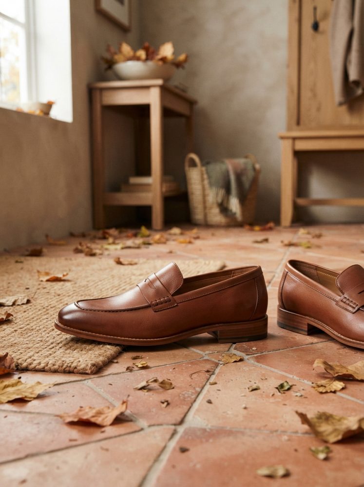 Sapatos castanhos clássicos masculinos em pele sobre chão com folhas secas e tapete natural