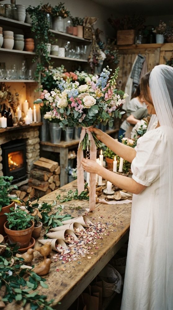 Noiva em vestido branco segura ramo de flores campestres com velas e plantas num atelier rústico
