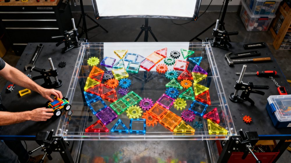 Conjunto de brinquedos de construção magnéticos coloridos e carrinho sobre mesa de trabalho com ferramentas ao redor