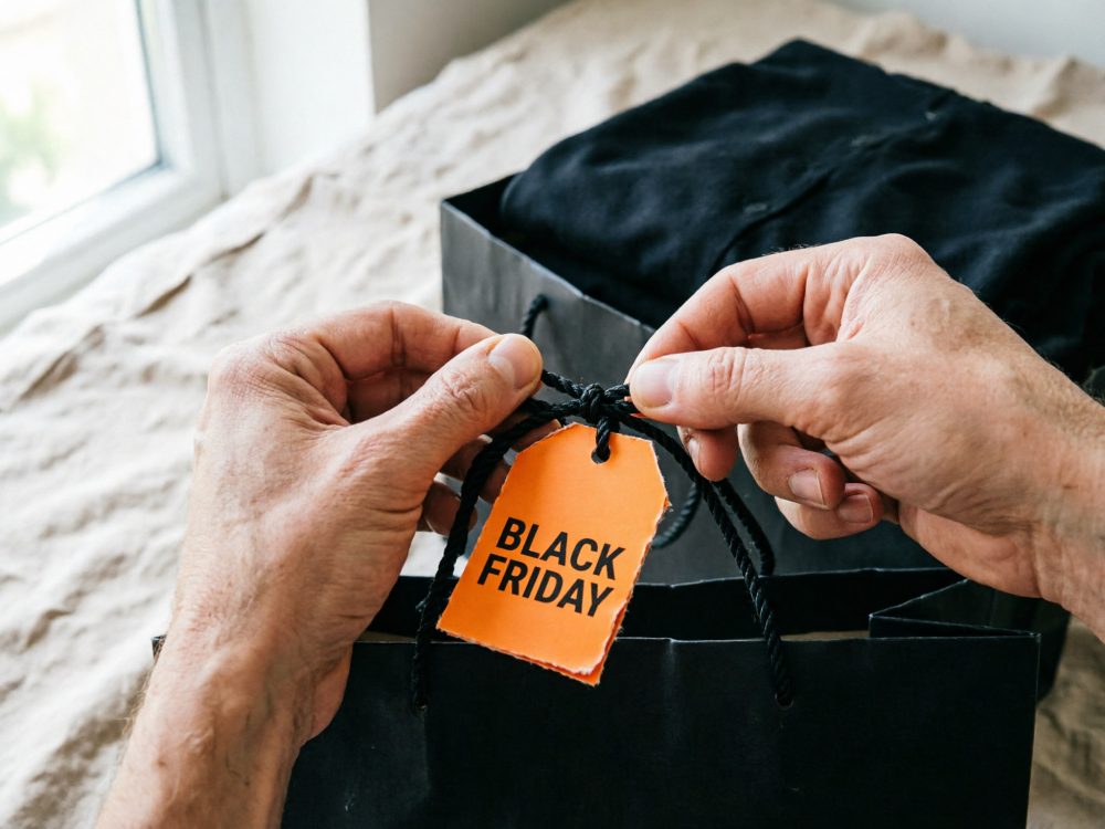 Mãos seguram etiqueta laranja com texto Black Friday pendurada em saco preto