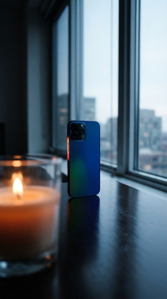 Smartphone azul escuro em pé numa mesa perto de janela com vela acesa em primeiro plano