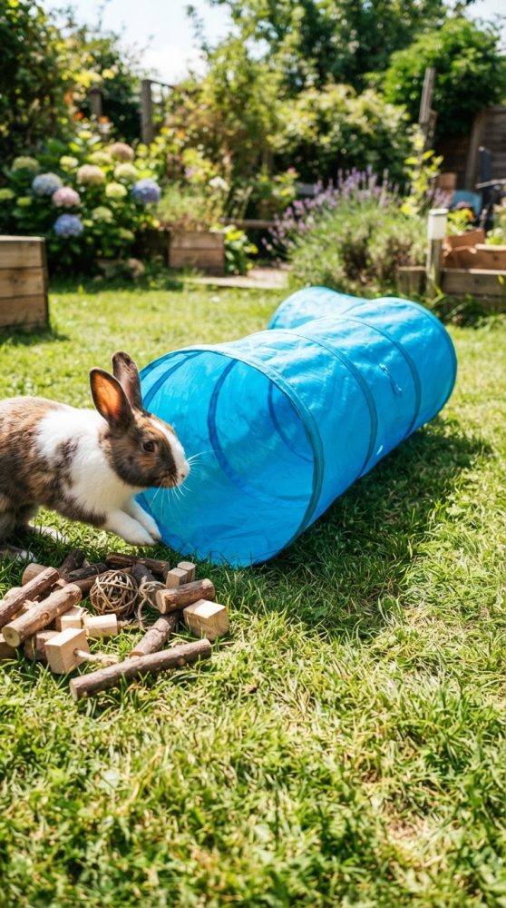 Coelho castanho e branco ao lado de túnel azul e brinquedos de madeira no jardim verde