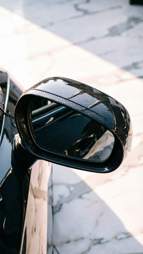 Espelho retrovisor lateral de carro com acabamento em fibra de carbono refletindo luz sobre mármore