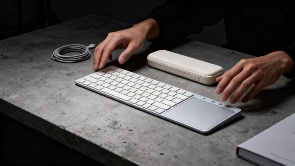 Teclado wireless branco com touchpad e mãos sobre secretária cinzenta de betão