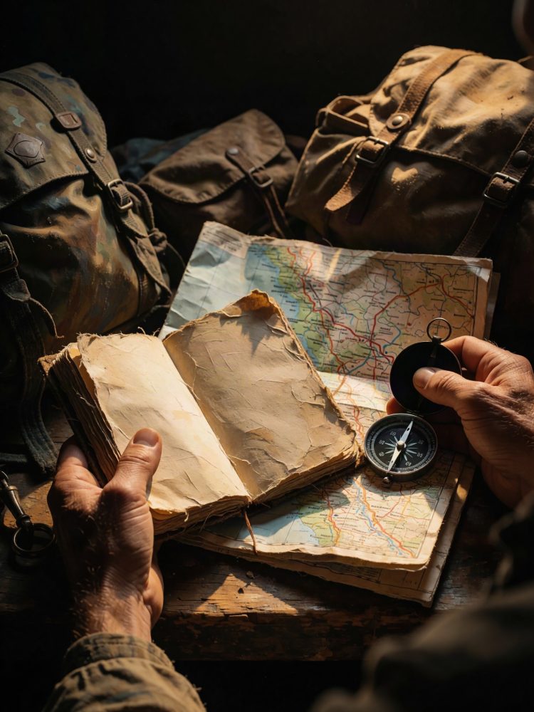 Mãos seguram livro antigo e bússola sobre mapas com mochilas militares ao fundo