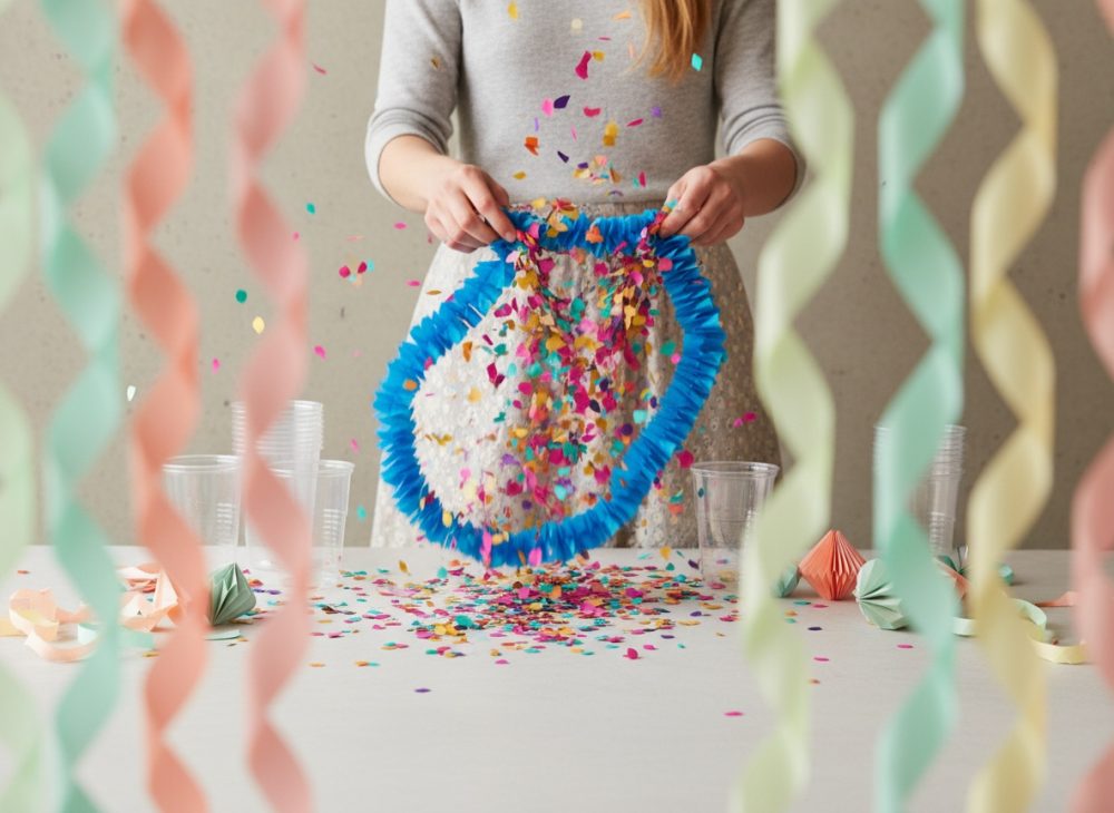 Mulher a atirar confetis coloridos numa mesa decorada com serpentinas pastéis