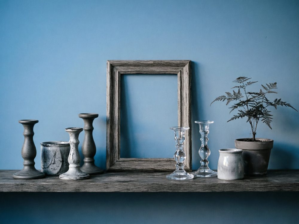 Castiçais de cerâmica e vidro, moldura de madeira rústica e vaso com planta em prateleira contra parede azul