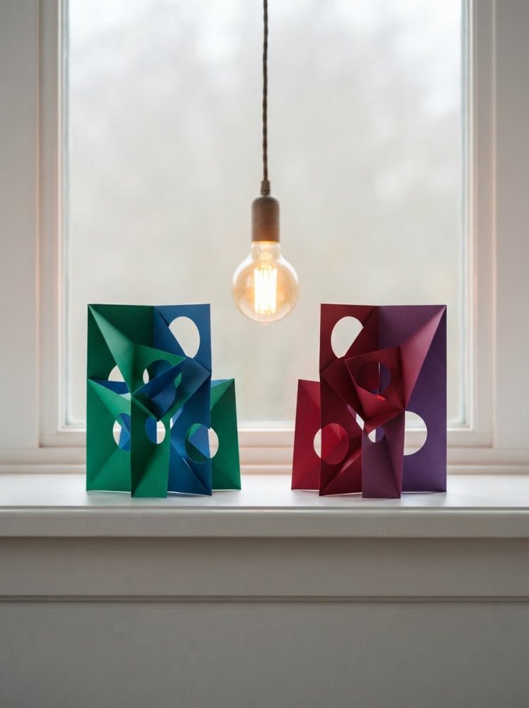 Esculturas abstratas geométricas coloridas em papel sobre um parapeito iluminadas por lâmpada pendente