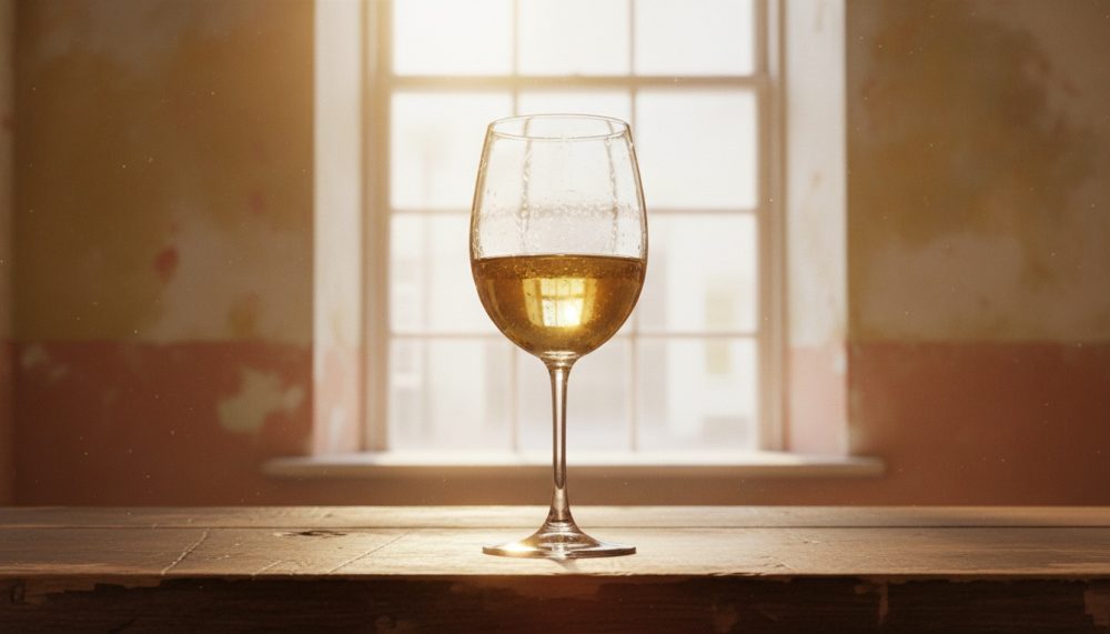 Taça de vinho branco com luz natural suave e mesa rústica em fundo desfocado