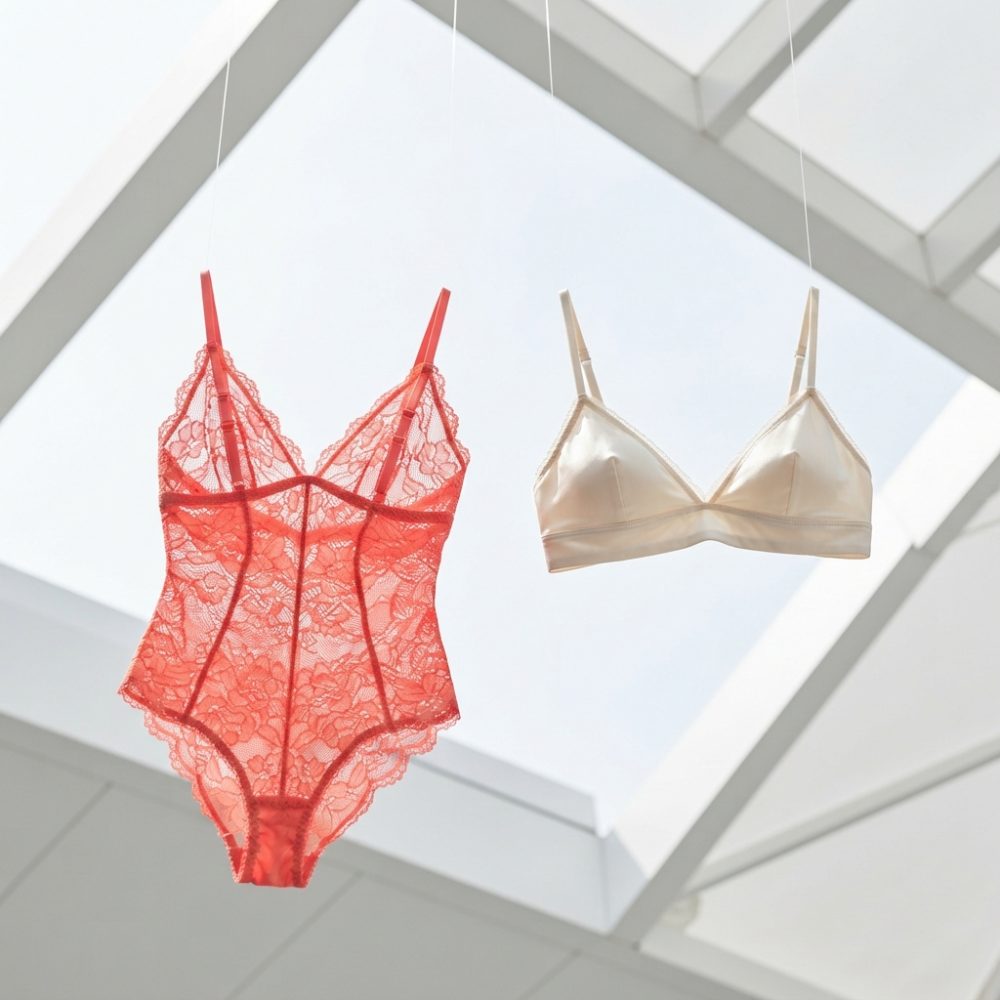 Body em renda vermelha e sutiã branco suspensos em luz natural