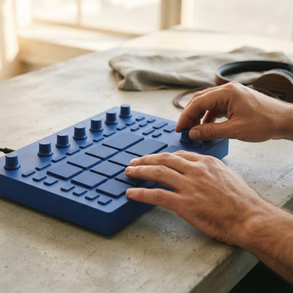 Mãos a mexer em controlador MIDI azul com pads e botões sobre mesa clara