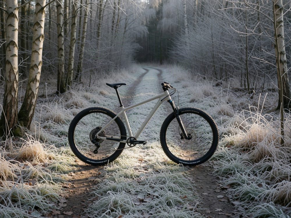 Bicicleta de montanha branca numa trilha florestal com relva e árvores cobertas de geada.