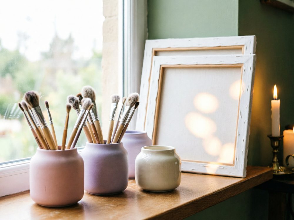 Pincéis de pintura em vasos junto de telas em moldura branca e velas acesas junto da janela