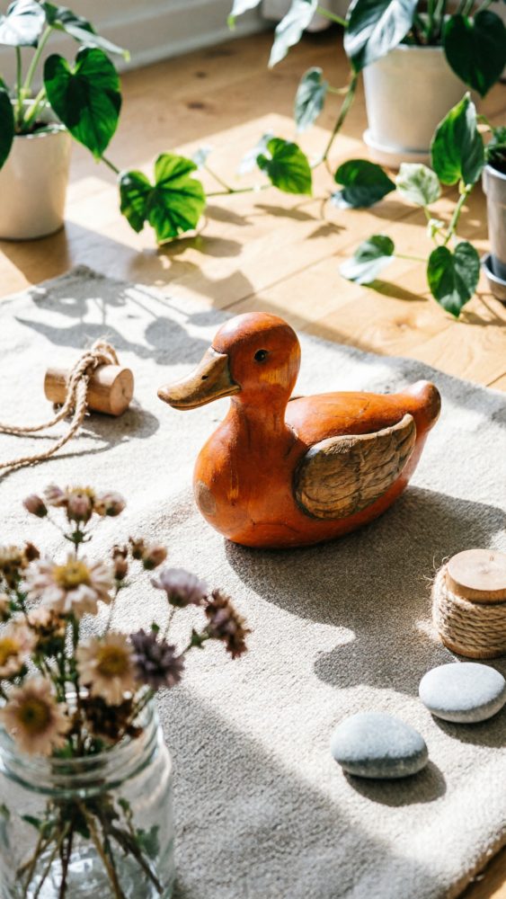 Pato de madeira laranja sobre tapete claro com plantas e objetos naturais ao redor