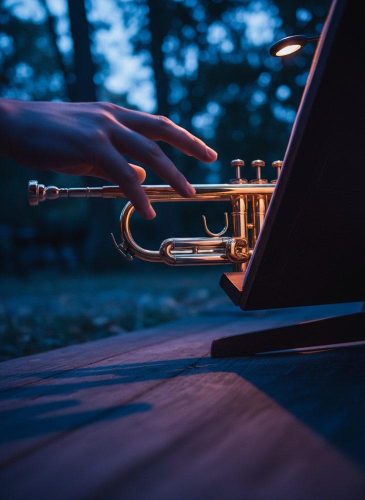 Mão a tocar trompete dourado com partitura iluminada num espaço ao ar livre à noite