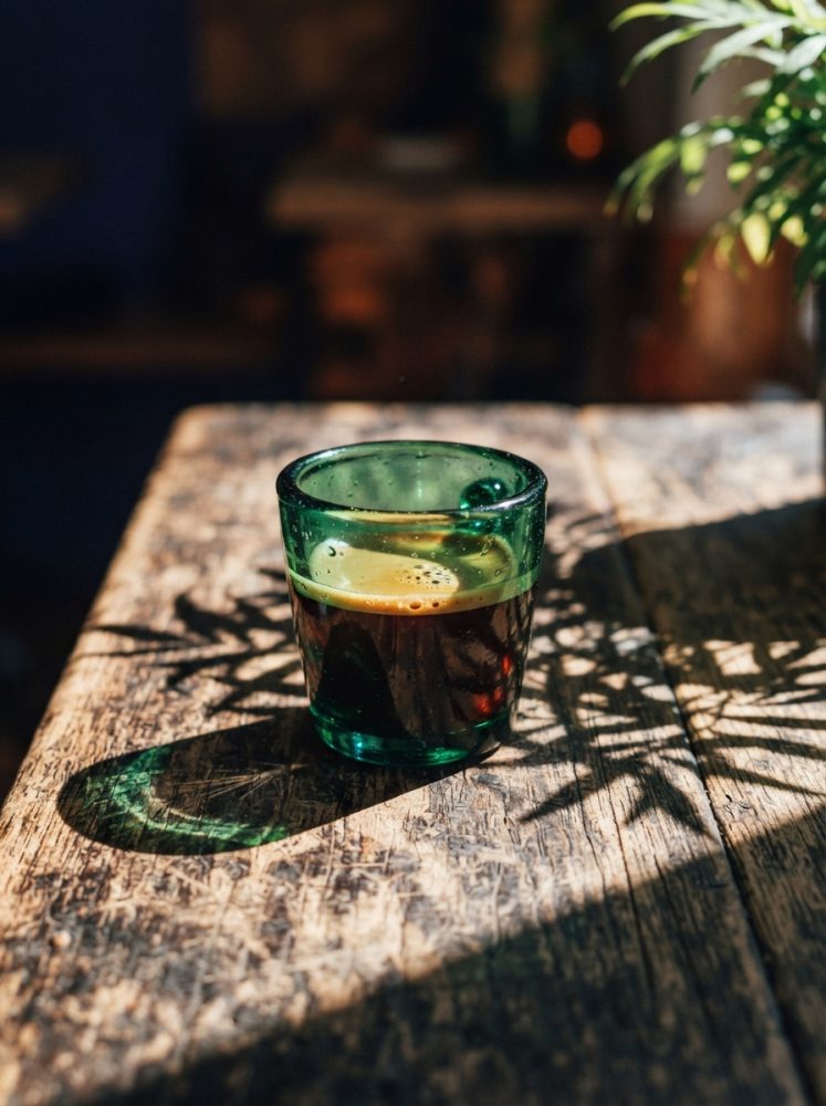 Copo de vidro verde com café expresso numa mesa de madeira rústica iluminada pelo sol