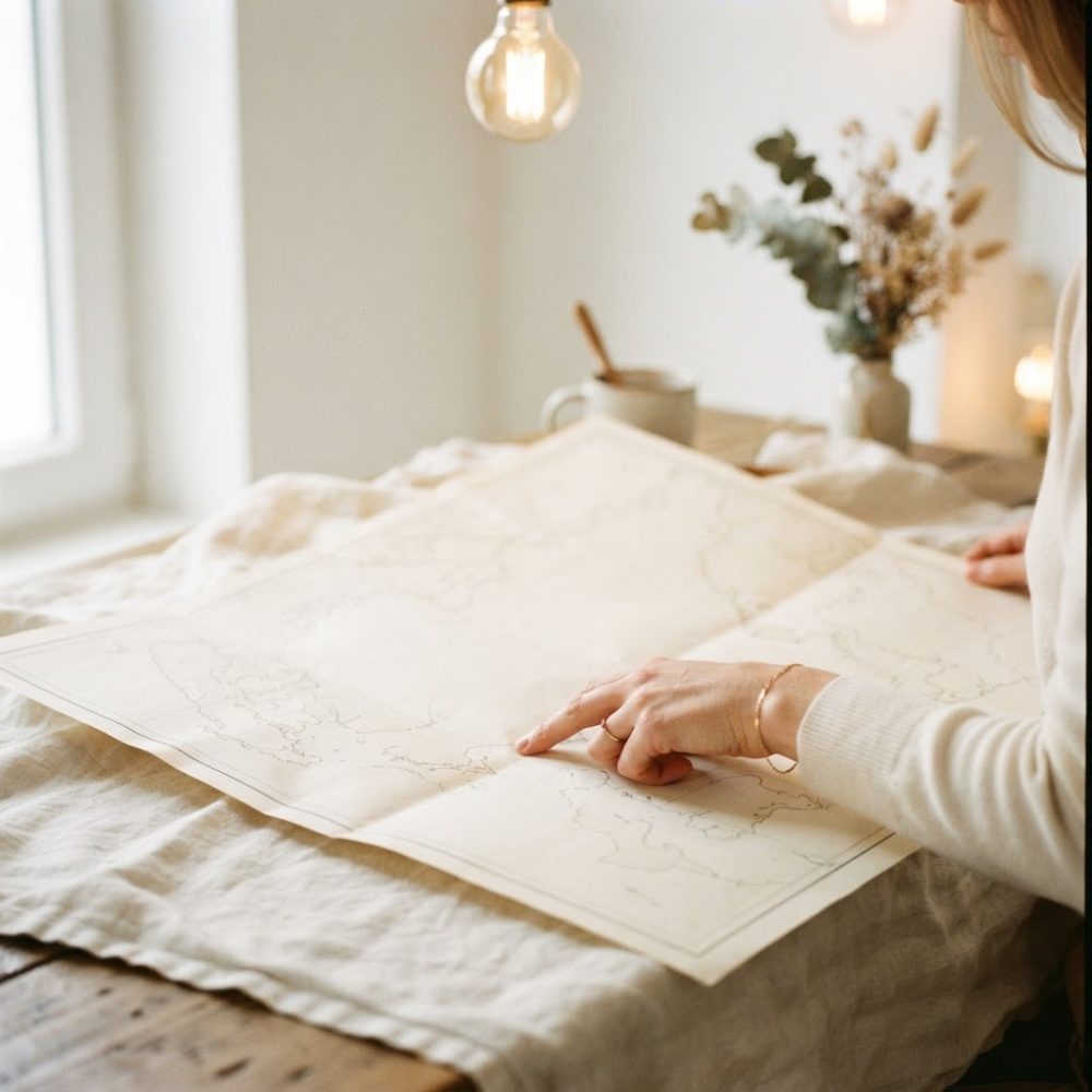 Pessoa a apontar para um mapa vintage sobre uma mesa com decoração e iluminação quente
