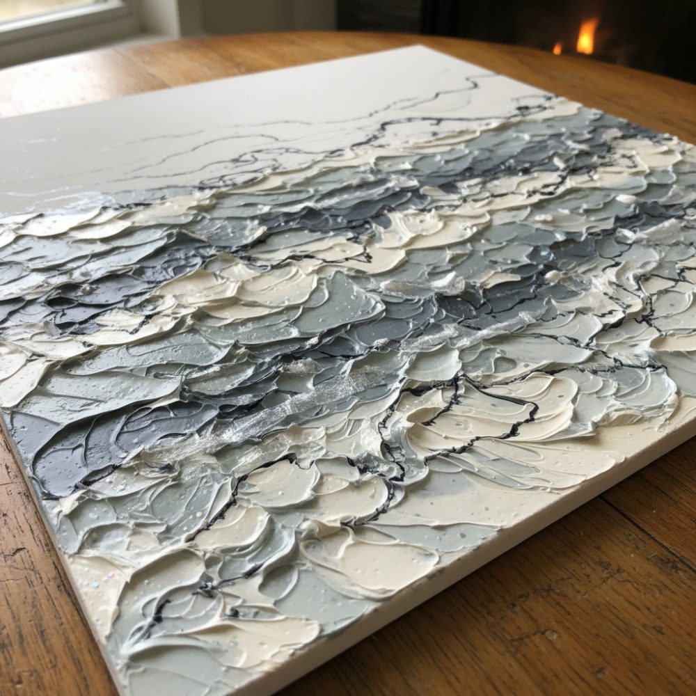 Pintura abstrata em relevo com texturas espessas em tons cinza, branco e bege sobre tela