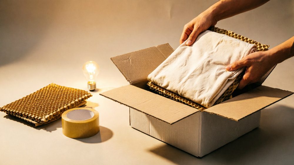 Colocação de roupa dentro de caixa de cartão com papel de bolha e fita adesiva ao lado
