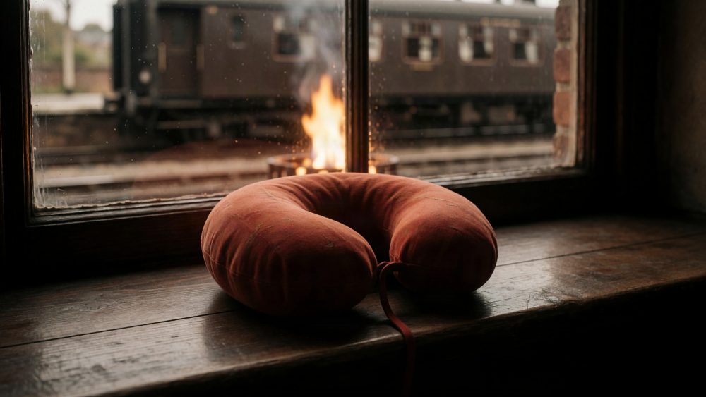 Travesseiro de pescoço castanho no peitoril de madeira com comboio ao fundo na estação