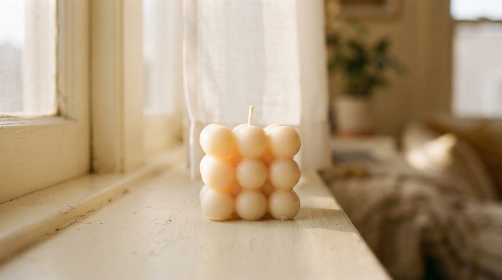 Vela em forma de cubo feita de bolas creme numa janela com luz natural suave