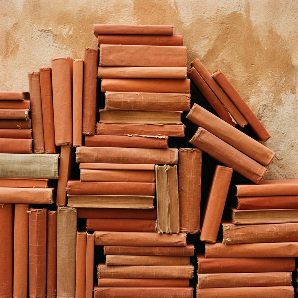 Pilha de livros antigos com capas castanhas empilhados contra parede bege texturada