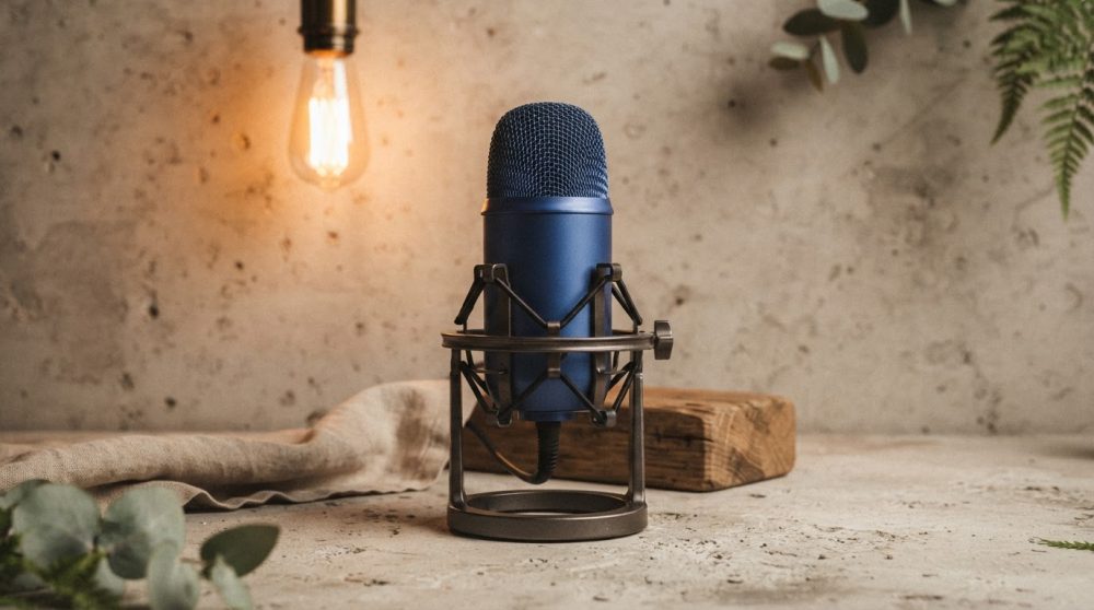 Microfone azul de estúdio com suporte antichoque em ambiente rústico e iluminação quente