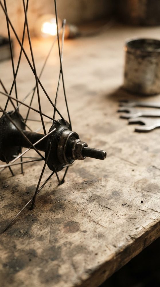 Roda de bicicleta vintage sobre mesa de trabalho com ferramentas ao fundo