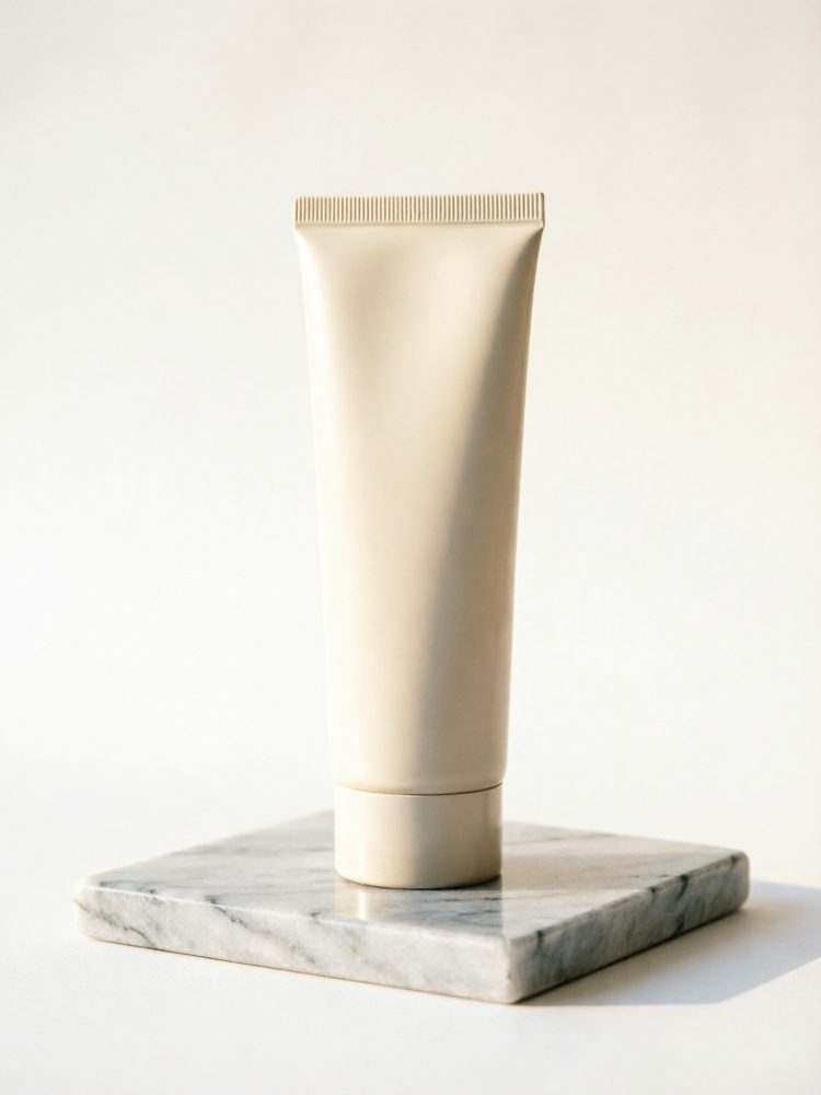 Bisnaga plástica creme sobre base de mármore para mockup de cosméticos