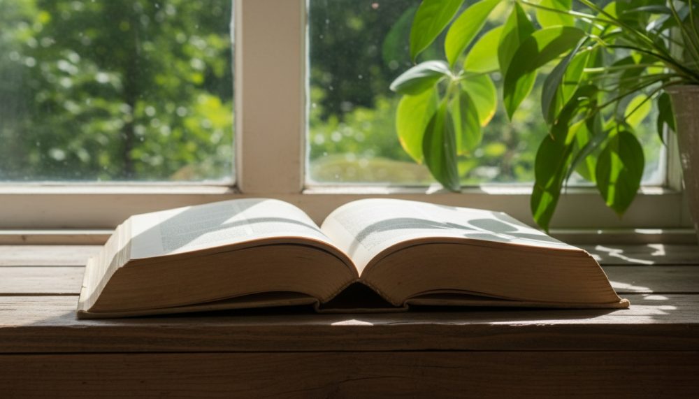 Livro aberto numa mesa de madeira junto a plantas verdes com luz natural pela janela