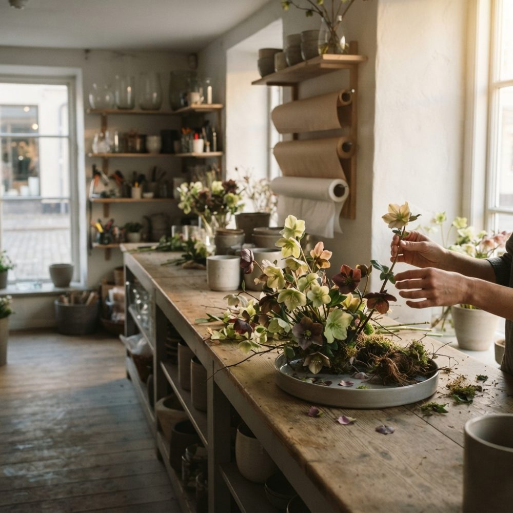 Mãos a montar arranjo floral em bancada de ateliê com luz natural