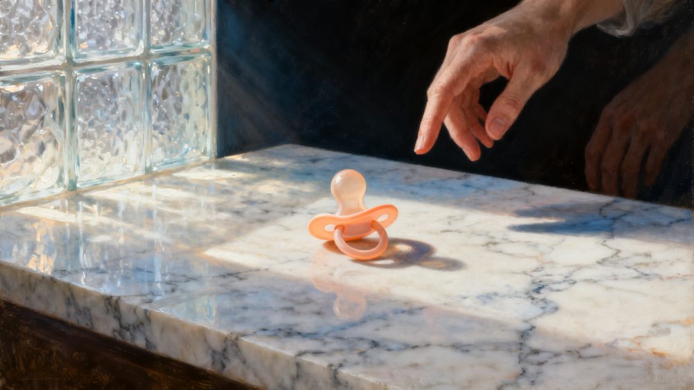 Chupeta cor-de-rosa numa superfície de mármore iluminada com mão prestes a segurá-la
