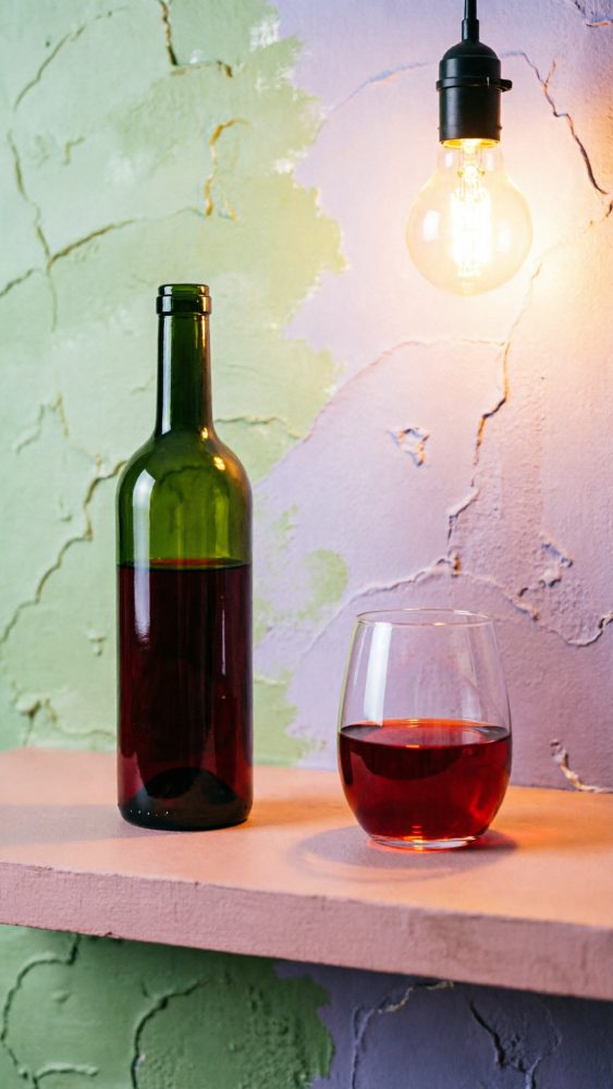 Garrafa de vinho tinto e copo com vinho sobre prateleira com parede colorida e lâmpada acesa
