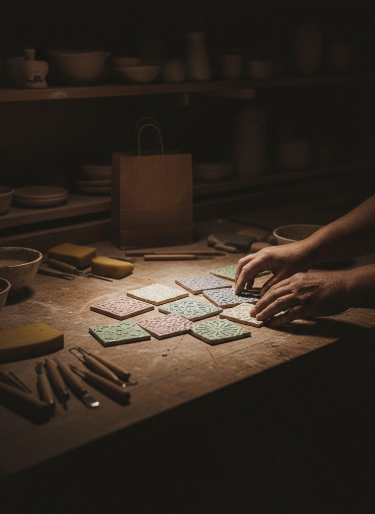 Mãos a organizar azulejos decorativos artesanais numa mesa de madeira com ferramentas de cerâmica