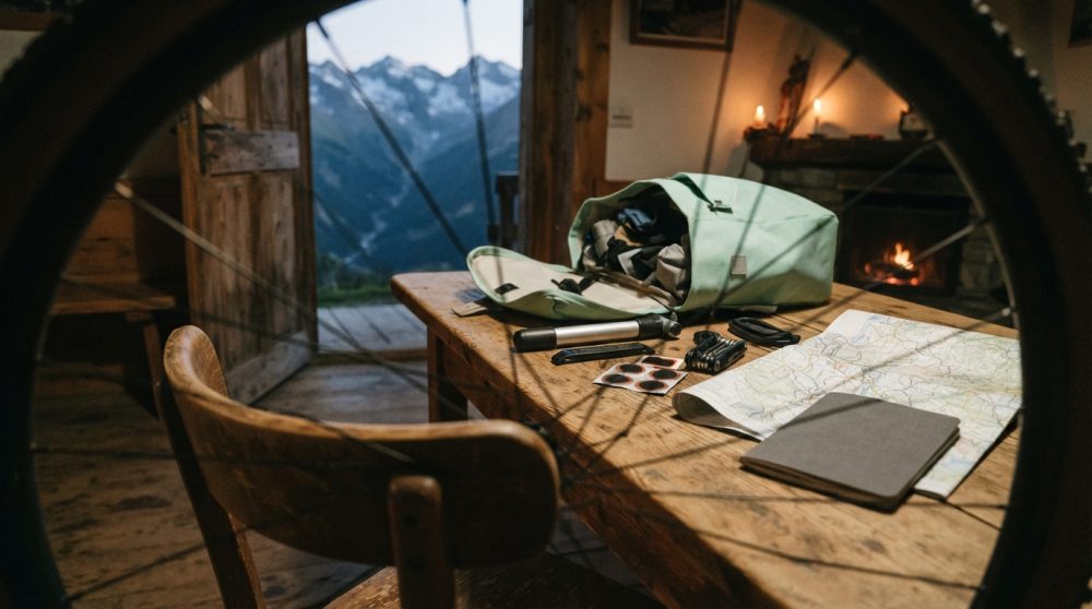 Mesa com mochila, mapa e acessórios de ciclismo numa cabana rústica com montanhas ao fundo e lareira acesa